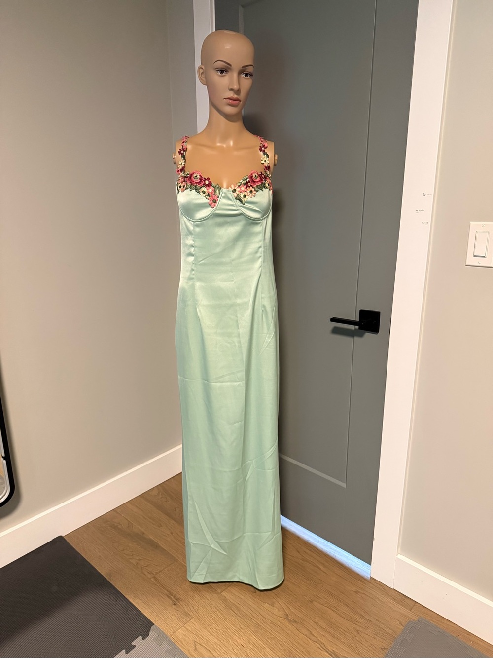 PrettyLittleThing Mint Green Satin Maxi Dress with Floral Trim